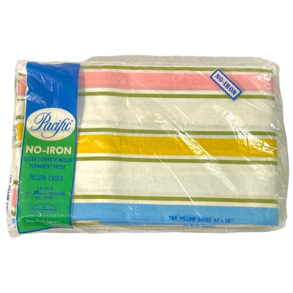 Vintage Pacific No-Iron Muslin Extra Strength Set Of 2 Pillow Case Striped NOS
